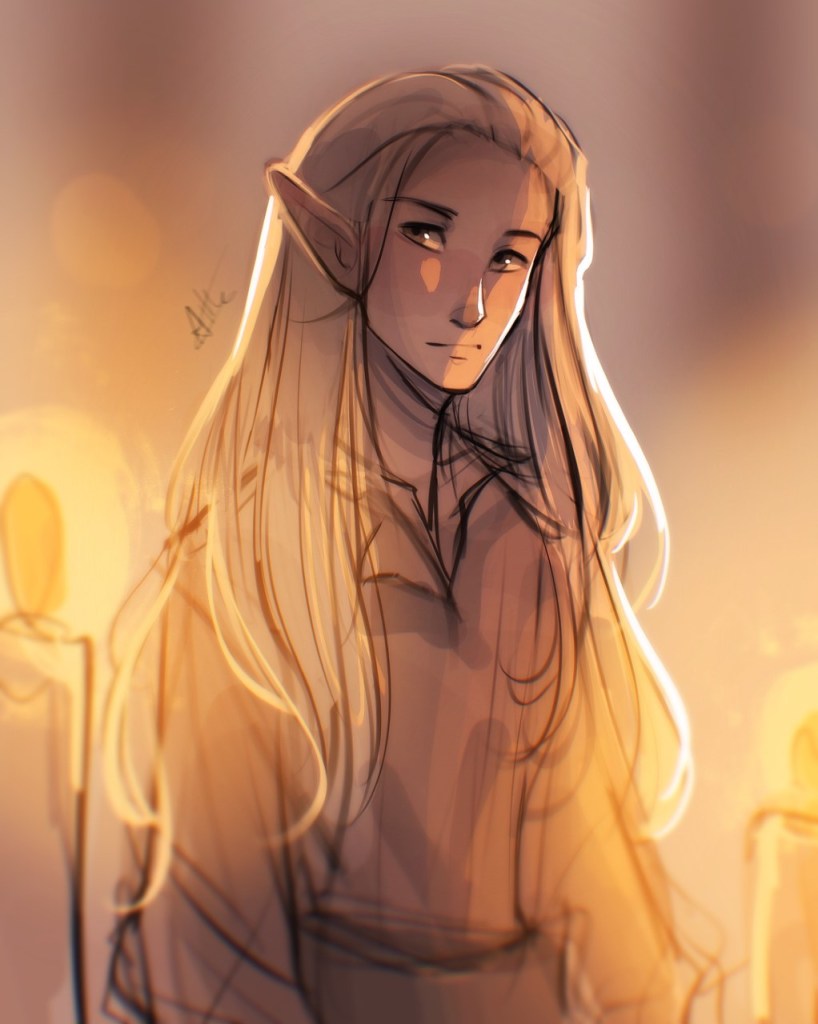A drawing of an elf with long, pale hair, lit by candlelight.

